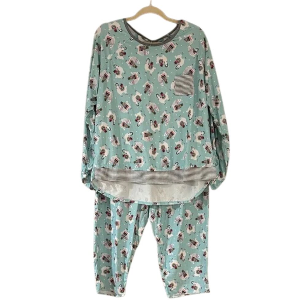 Cuddl Duds Mint Llama Pajama Set Soft Cozy Sleepwear Striped Trim